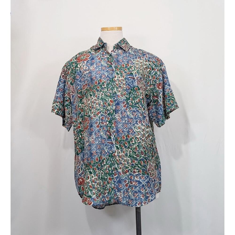 Vintage 90s Blouse Silk Blue Red Floral Short Sleeve Shirt Top Women's Size S